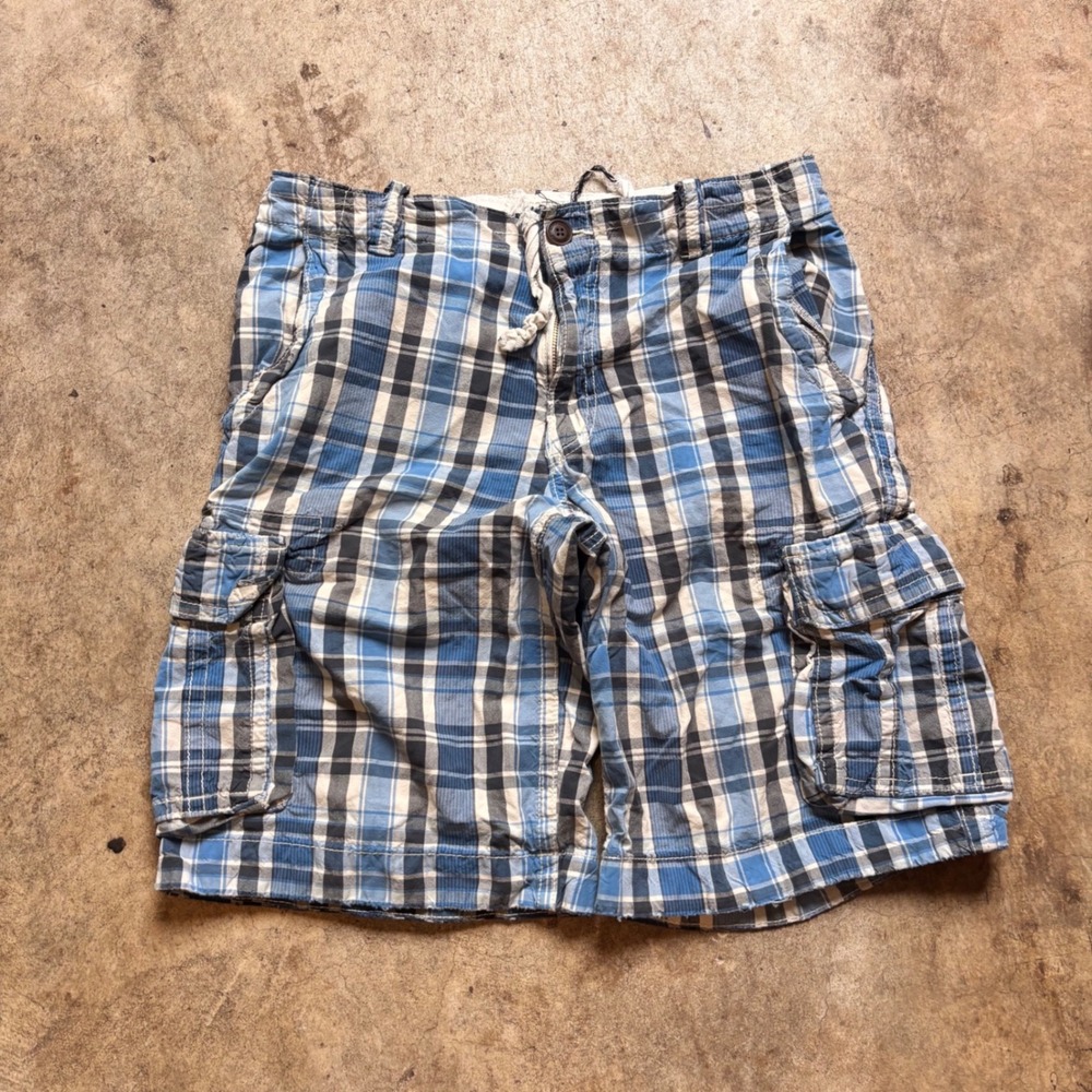American Eagle Y2K Blue Plaid Cargo Shorts Baggy Skater Grunge W34